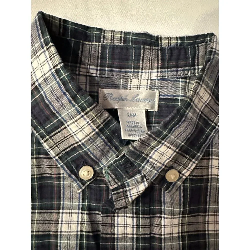 Ralph Lauren Long Sleeve Button Down blue/white Plaid Shirt Size 24 months Baby